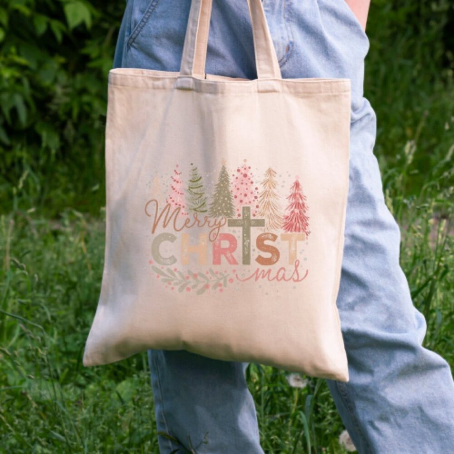 Christian Christmas Tote – “Merry CHRISTmas” Trees Design – 100% Cotton 16x15