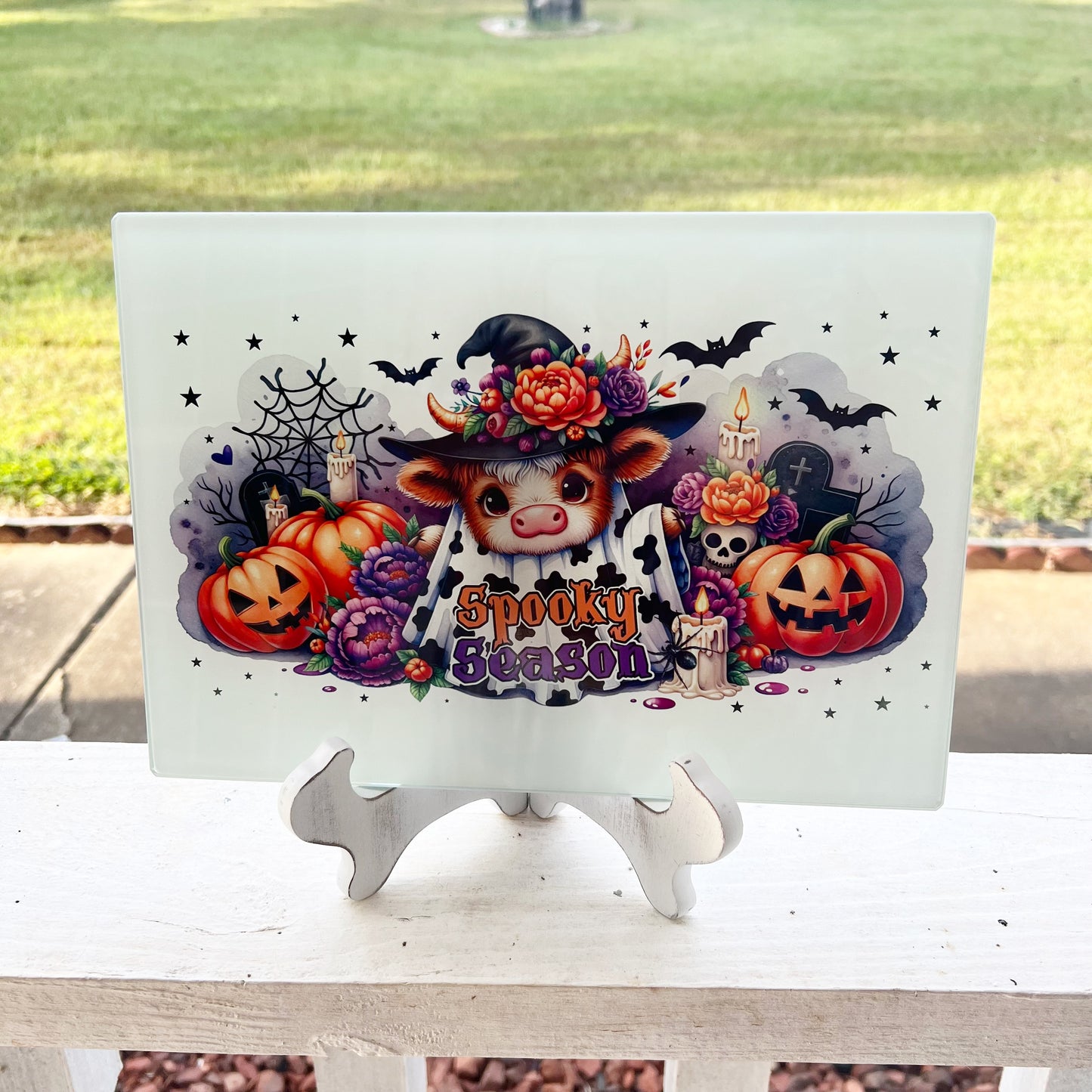 Highland Cow Spooky Season Halloween Glass Cutting Board