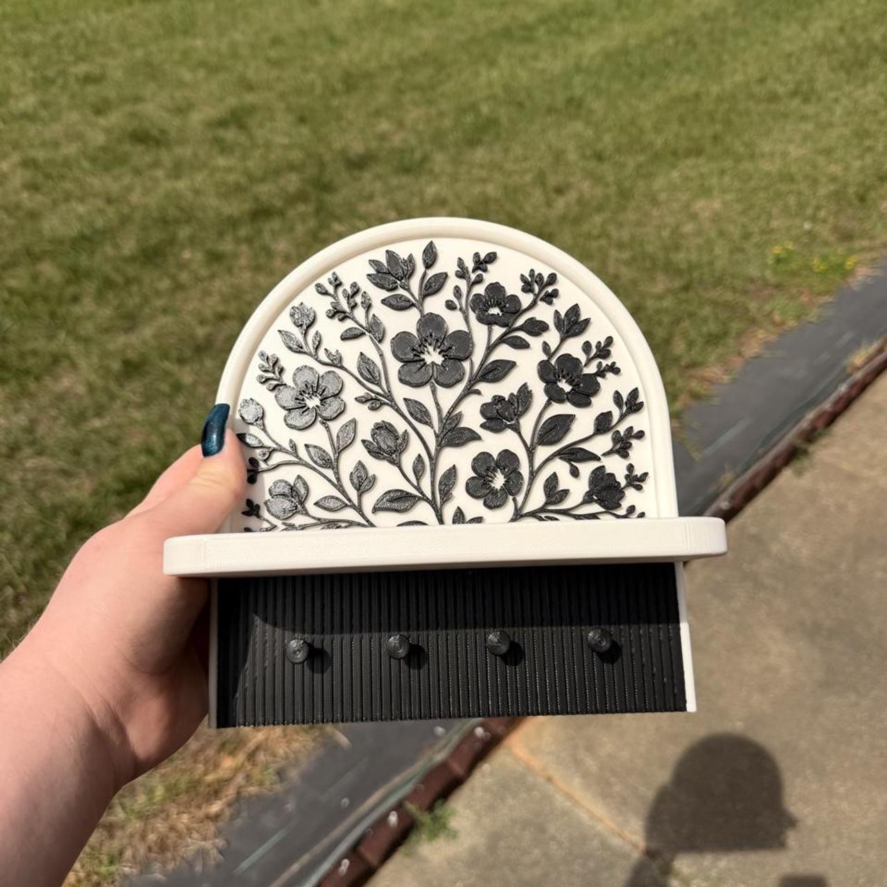Floral Key Holder Shelf Wall Organizer Entryway Catchall Shelf with Hooks Off White & Black