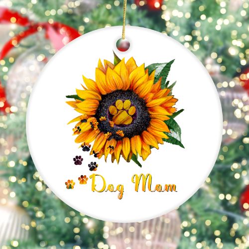 Dog Mom Sunflower White Ceramic Christmas Ornament