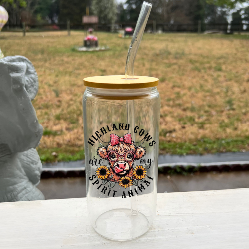 Highland Cow Is My Spirit Animal 16oz Glass Cup