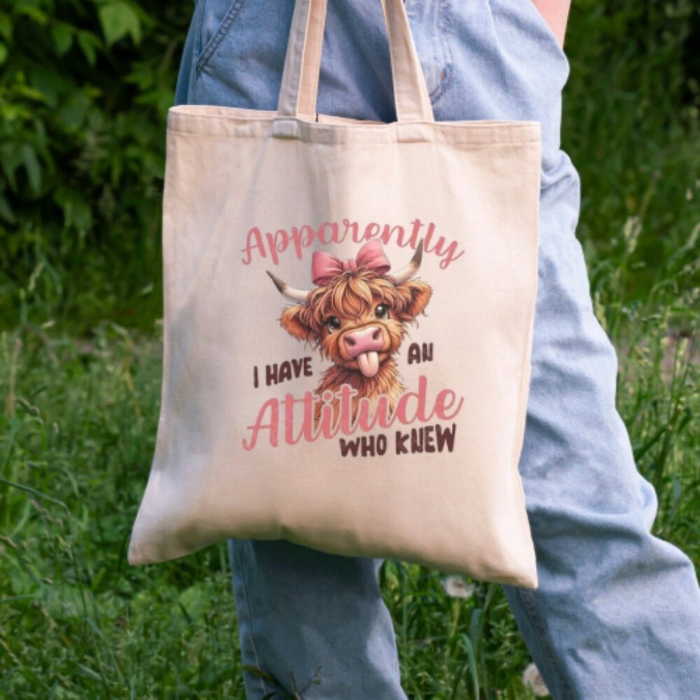 Funny Highland Cow Tote – “Apparently I Have an Attitude” – 100% Cotton 16x15