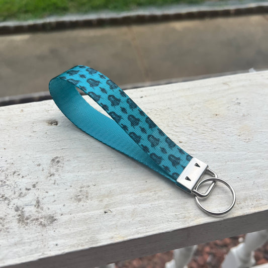 Turquoise Highland Cow Print Nylon Wristlet Keychain – Handmade Double-Sided Key Fob
