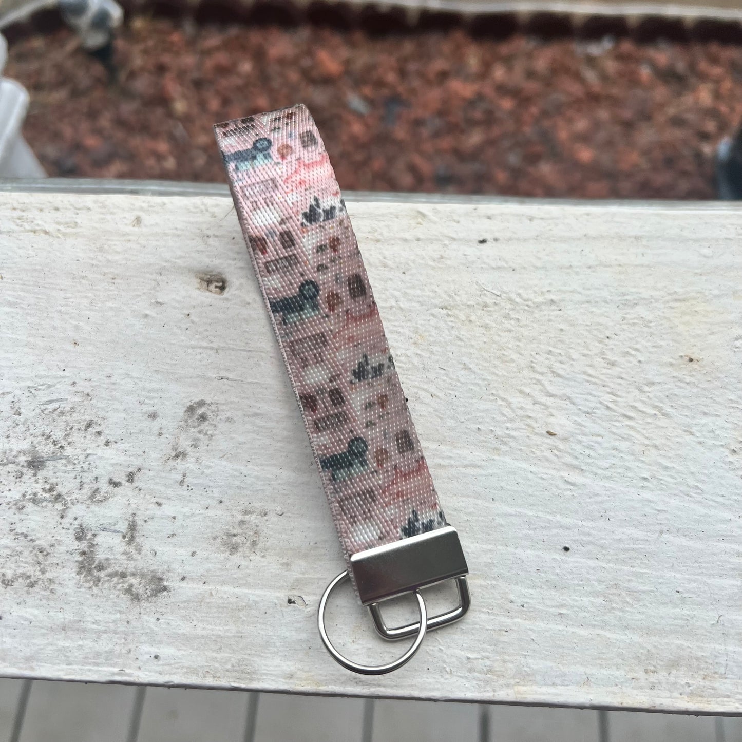 Light Pink Farm Print Nylon Wristlet Keychain – Handmade Double-Sided Key Fob