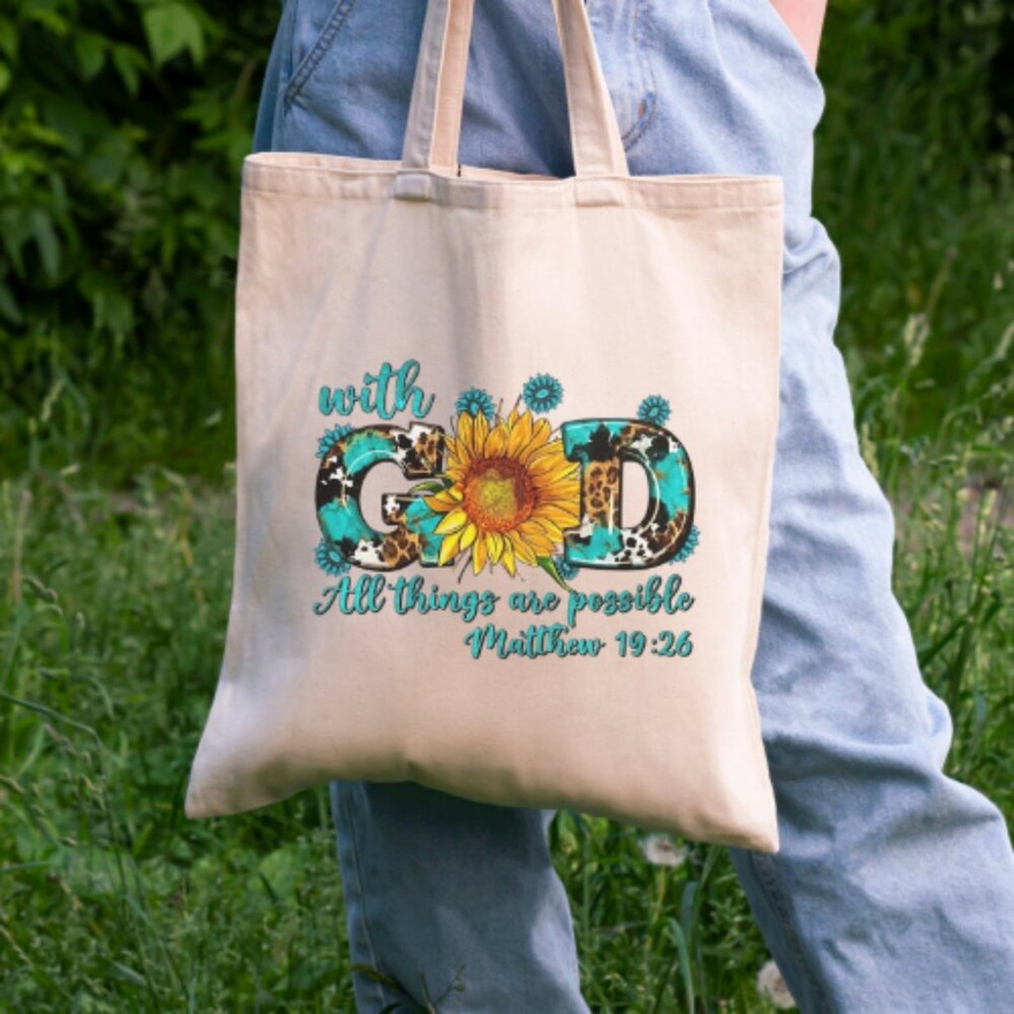 Christian Sunflower Tote – “With God All Things Are Possible” – 100% Cotton