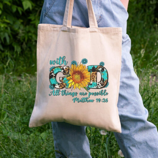 Christian Sunflower Tote – “With God All Things Are Possible” – 100% Cotton