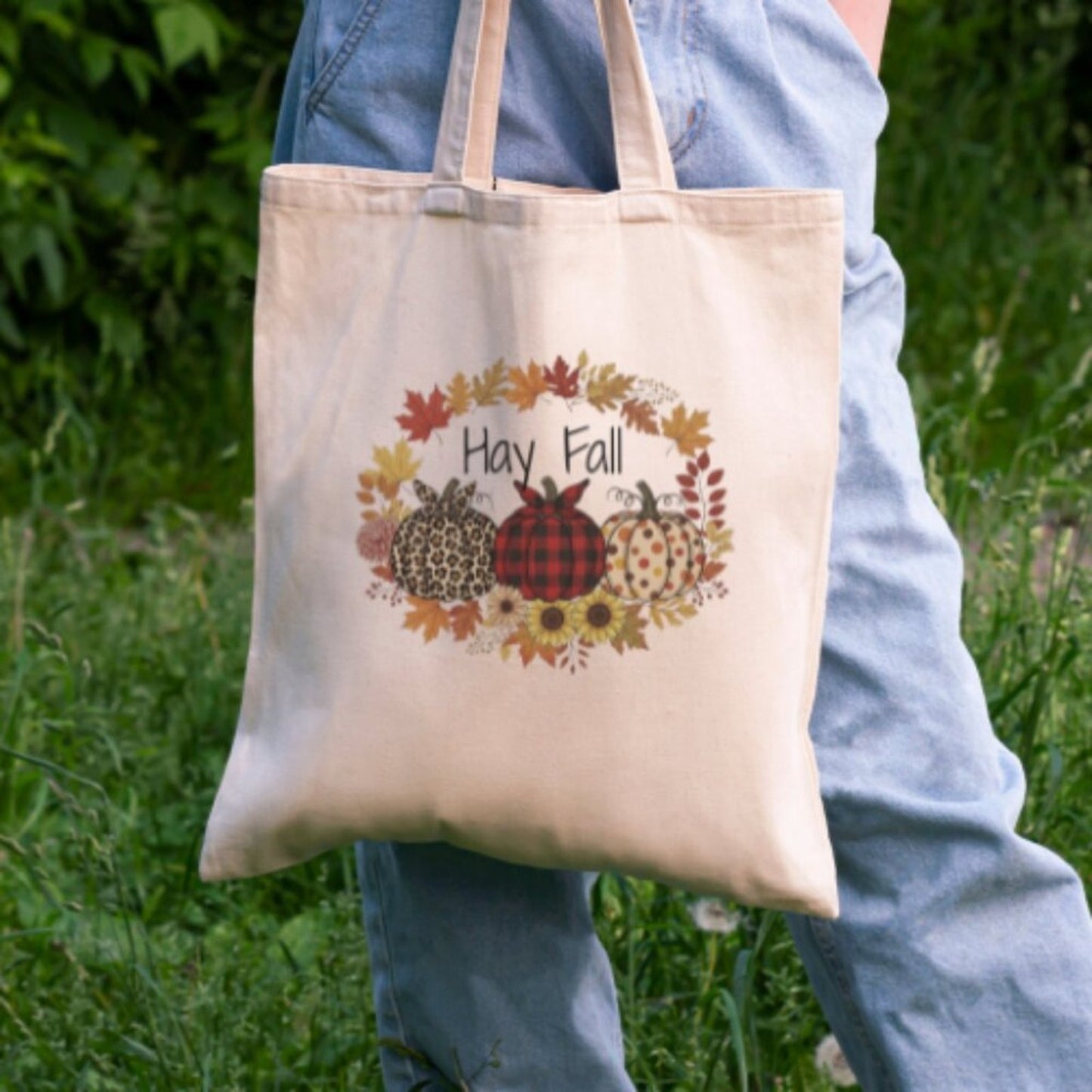 Hey Fall Pumpkin Tote Bag – Fall Plaid & Leopard Pumpkins – 100% Cotton 16x15