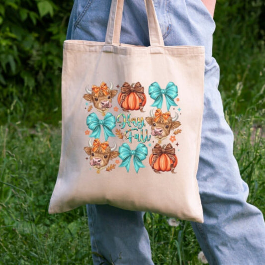 Hay Fall Highland Cow Tote Bag 100% Cotton 15x16