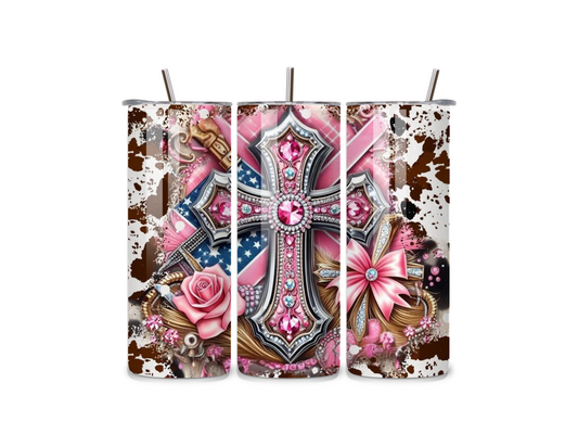 Cow Print Pink Cross 20oz Stainless Steel Tumbler