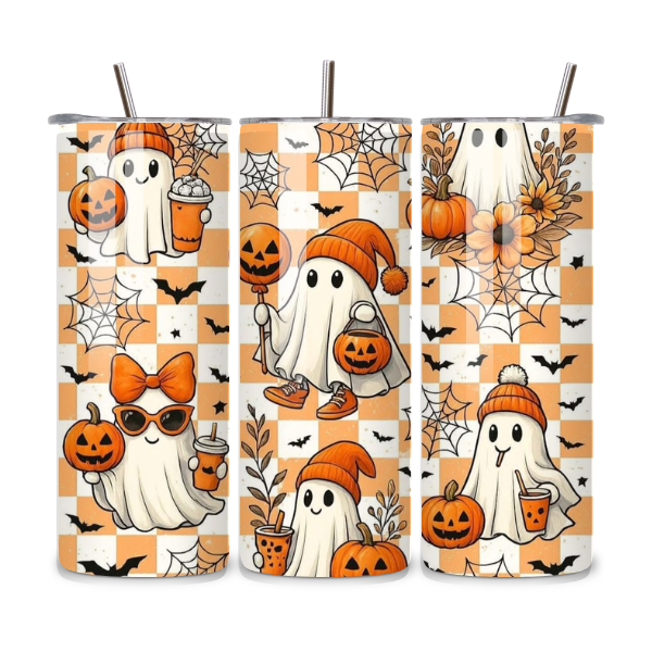 Cute Fall Ghost Checkered 20oz Stainless Steel Tumbler