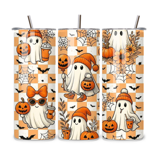 Cute Fall Ghost Checkered 20oz Stainless Steel Tumbler