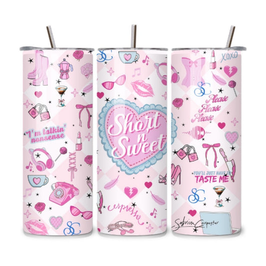 Handmade Sabrina Carpenter “Short n’ Sweet” 20oz Stainless Steel Tumbler – Pink