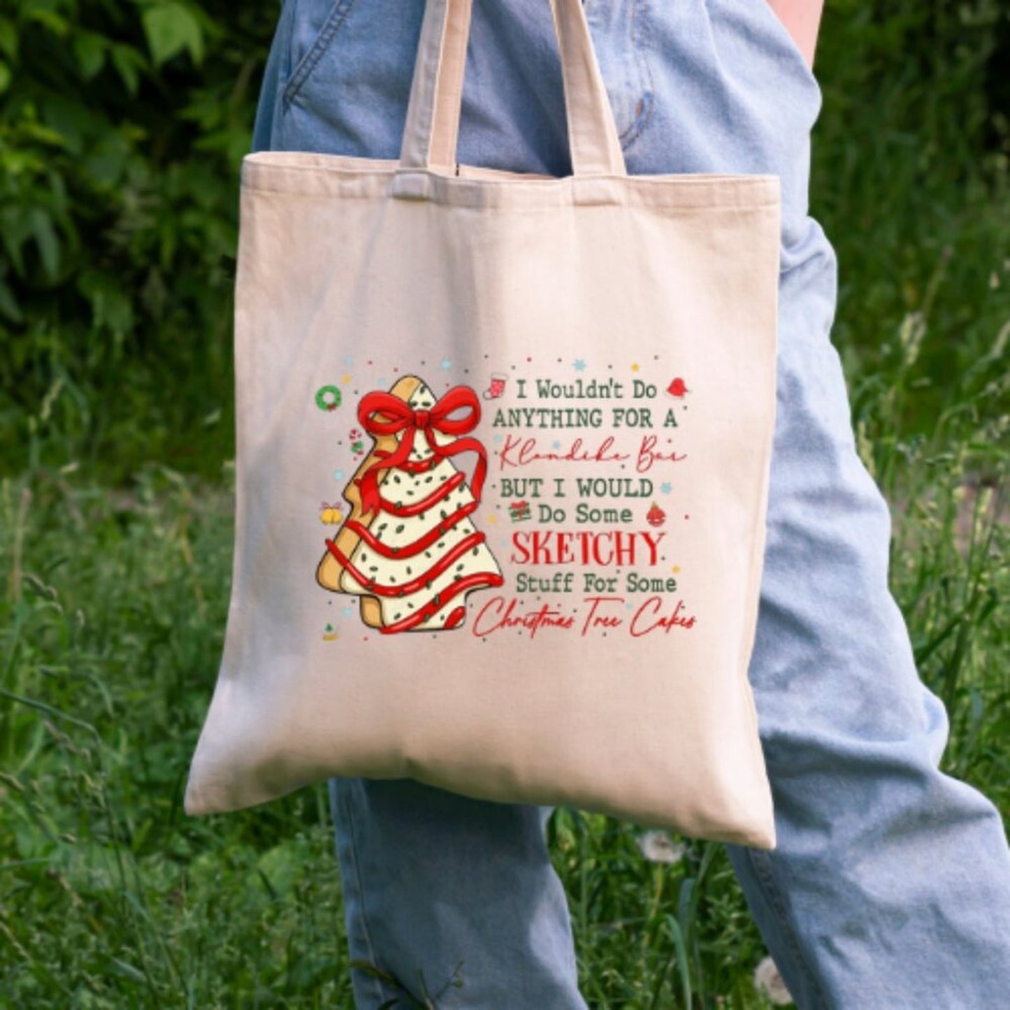Funny Christmas Tote – “Sketchy Stuff for Christmas Tree Cakes” – Cotton 16x15