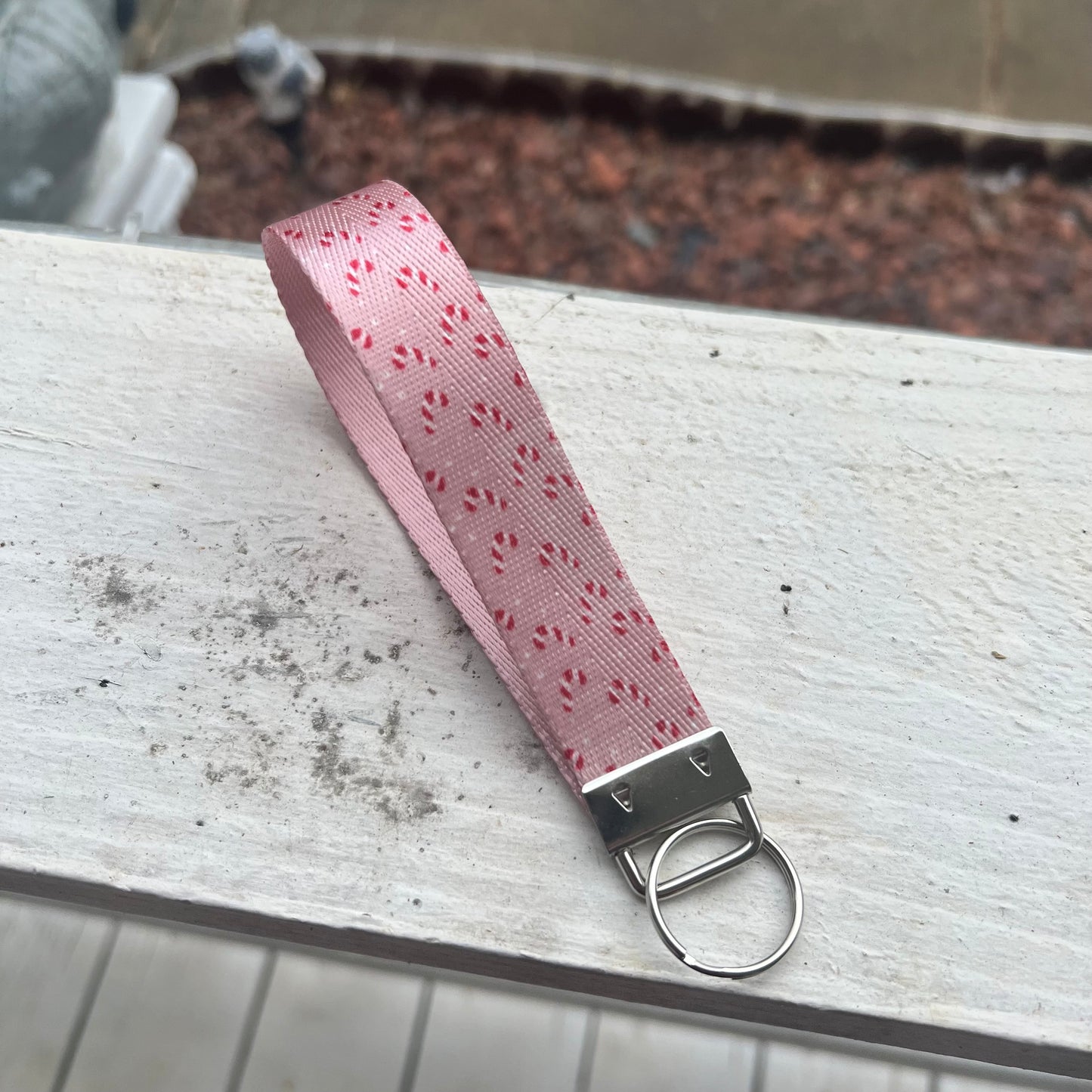 Pink Candy Cane Nylon Wristlet Keychain – Handmade Double-Sided Christmas Key Fob