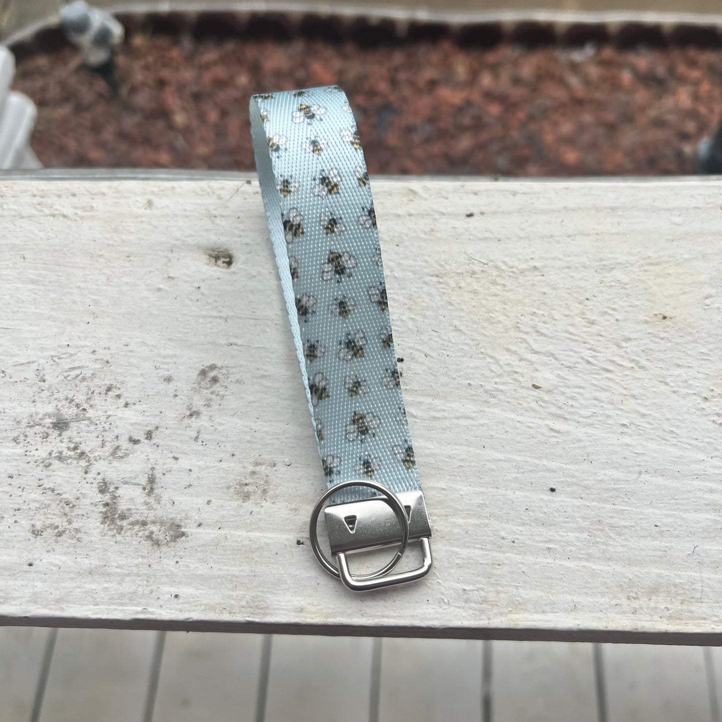 Blue Bee Print Nylon Wristlet Keychain – Handmade Double-Sided Key Fob