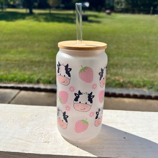 Strawberry Cow 16oz Frosted Glass Cup