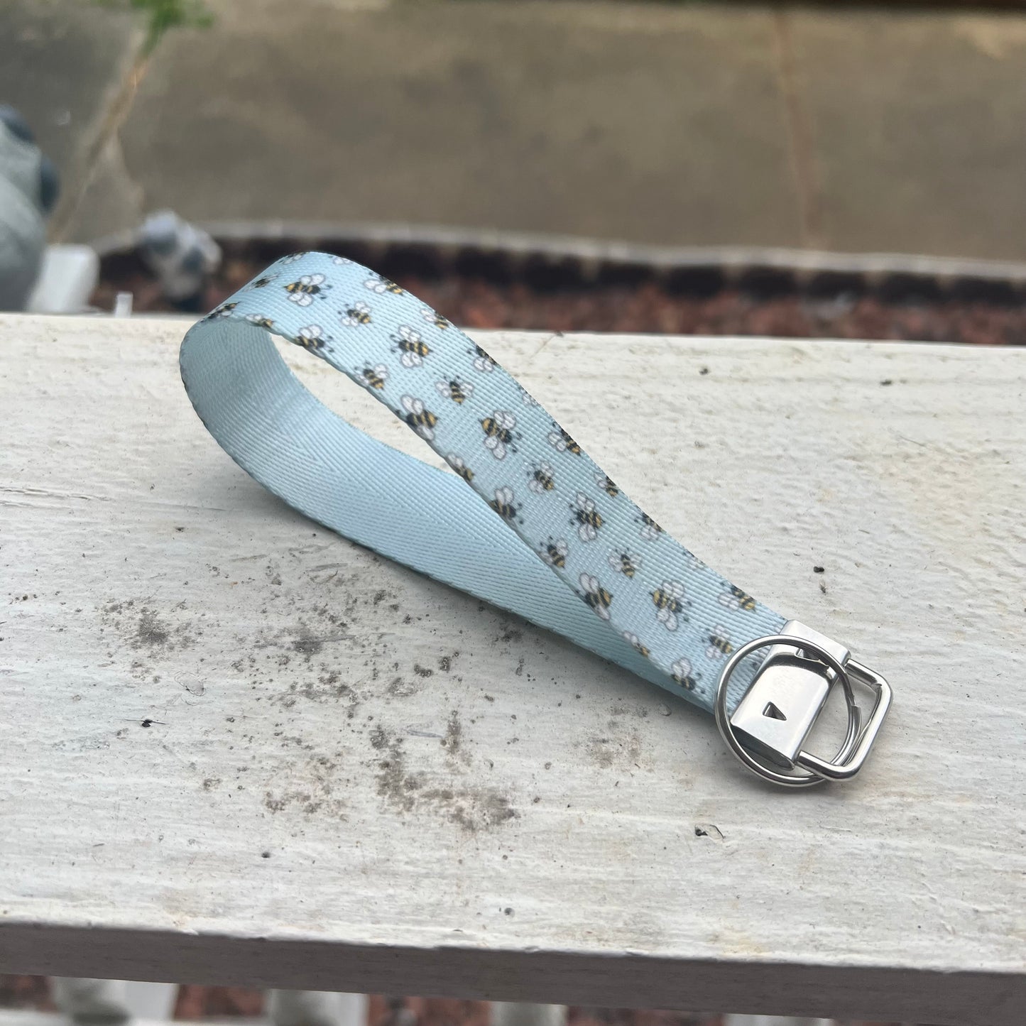 Blue Bee Print Nylon Wristlet Keychain – Handmade Double-Sided Key Fob