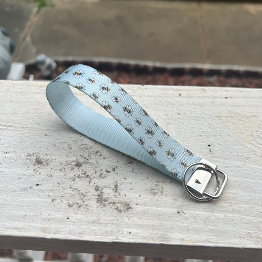 Blue Bee Print Nylon Wristlet Keychain – Handmade Double-Sided Key Fob