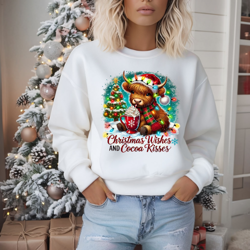 Christmas Wishes and Cocoa Kisses Highland Cow Sweatshirt