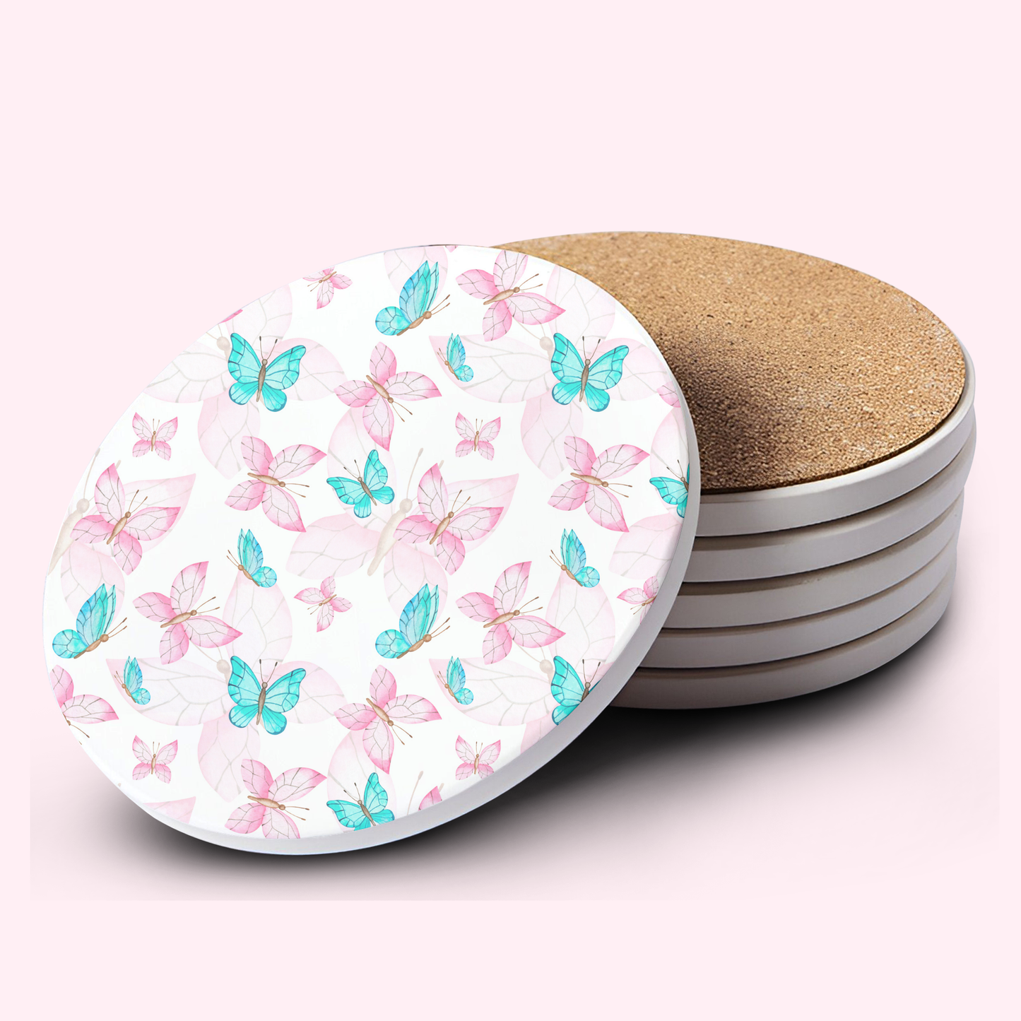 Pink & Blue Butterflies Ceramic Bar Coasters