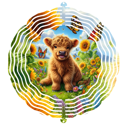 Highland Cow Sunflower Wind Spinner – 10" Double Sided Metal Garden Spinner, Farmhouse Outdoor Decor
