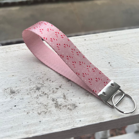 Pink Candy Cane Nylon Wristlet Keychain – Handmade Double-Sided Christmas Key Fob
