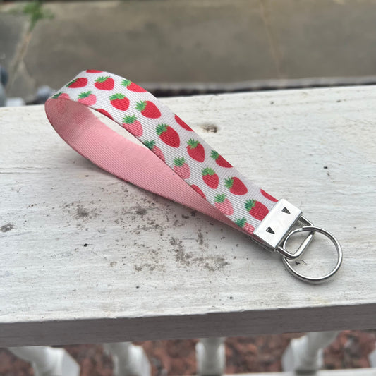 Strawberry Print Nylon Wristlet Keychain – Handmade Double-Sided Key Fob