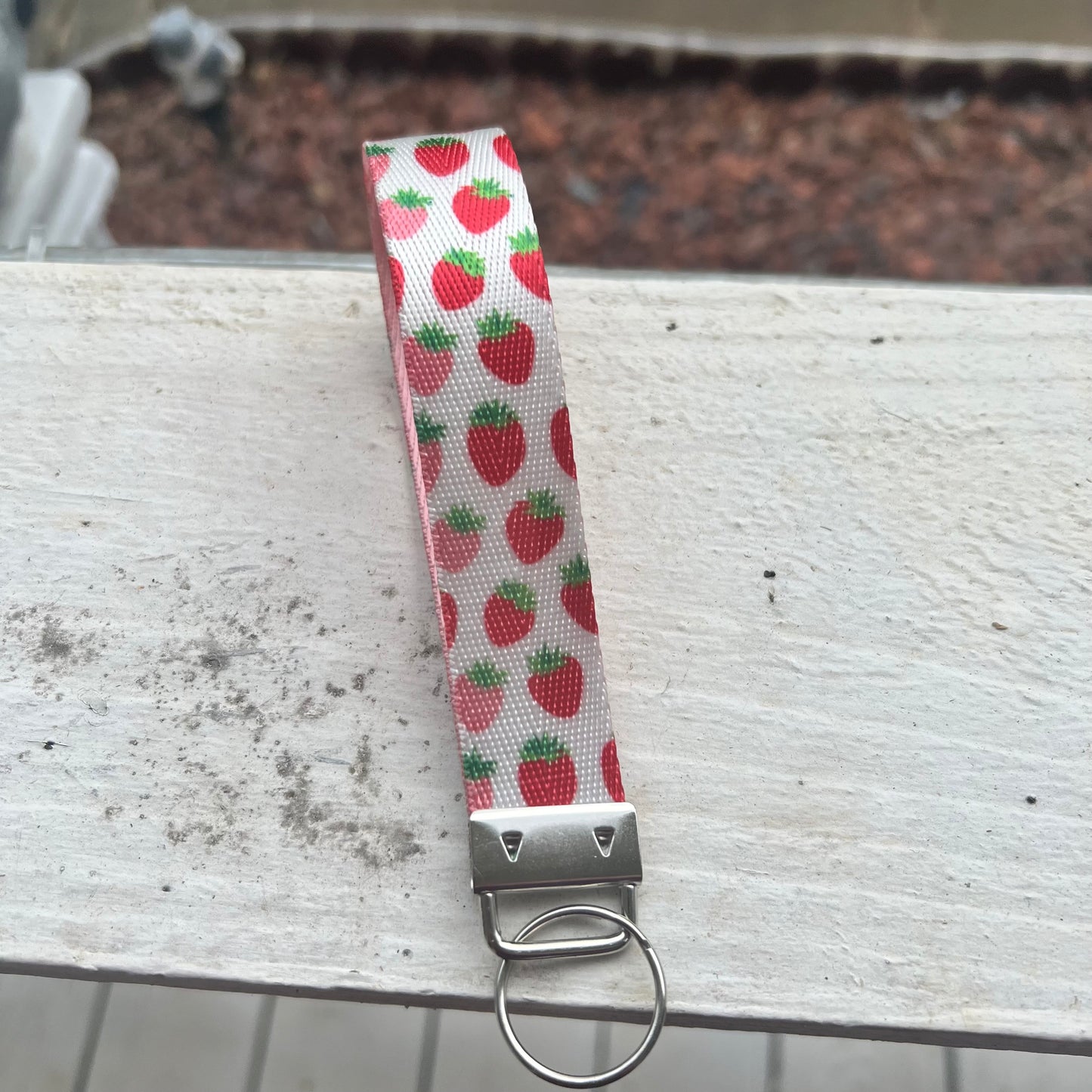 Strawberry Print Nylon Wristlet Keychain – Handmade Double-Sided Key Fob