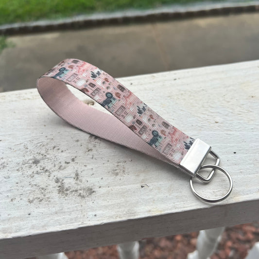 Light Pink Farm Print Nylon Wristlet Keychain – Handmade Double-Sided Key Fob