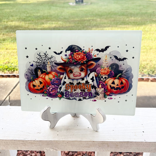 Highland Cow Spooky Season Halloween Glass Cutting Board