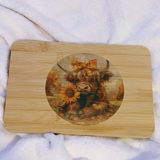 Highland Cow Sunflower Bamboo Cutting Board