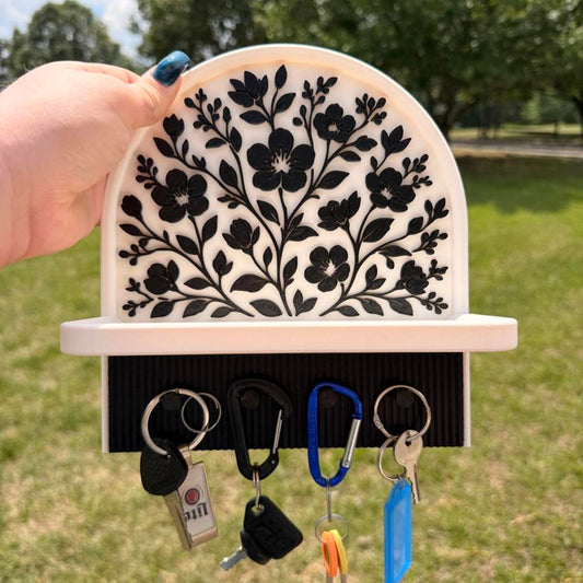 Floral Key Holder Shelf Wall Organizer Entryway Catchall Shelf with Hooks Off White & Black