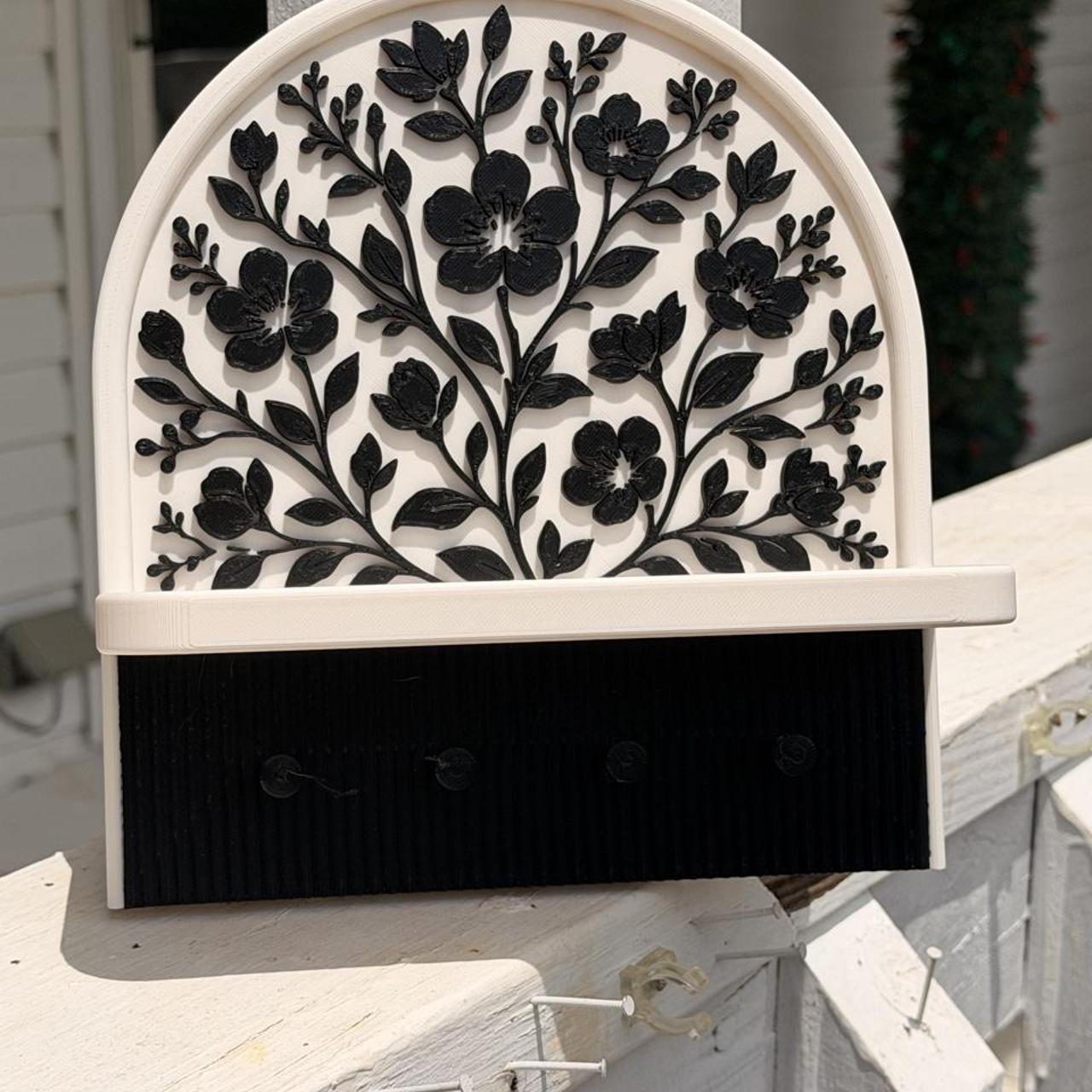 Floral Key Holder Shelf Wall Organizer Entryway Catchall Shelf with Hooks Off White & Black