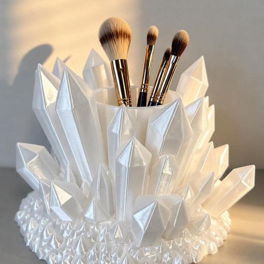White Crystal Makeup Brush Holder | Shiny 3D Printed Cosmetic Brush Organizer | Vanity Decor | Beauty Storage Cup