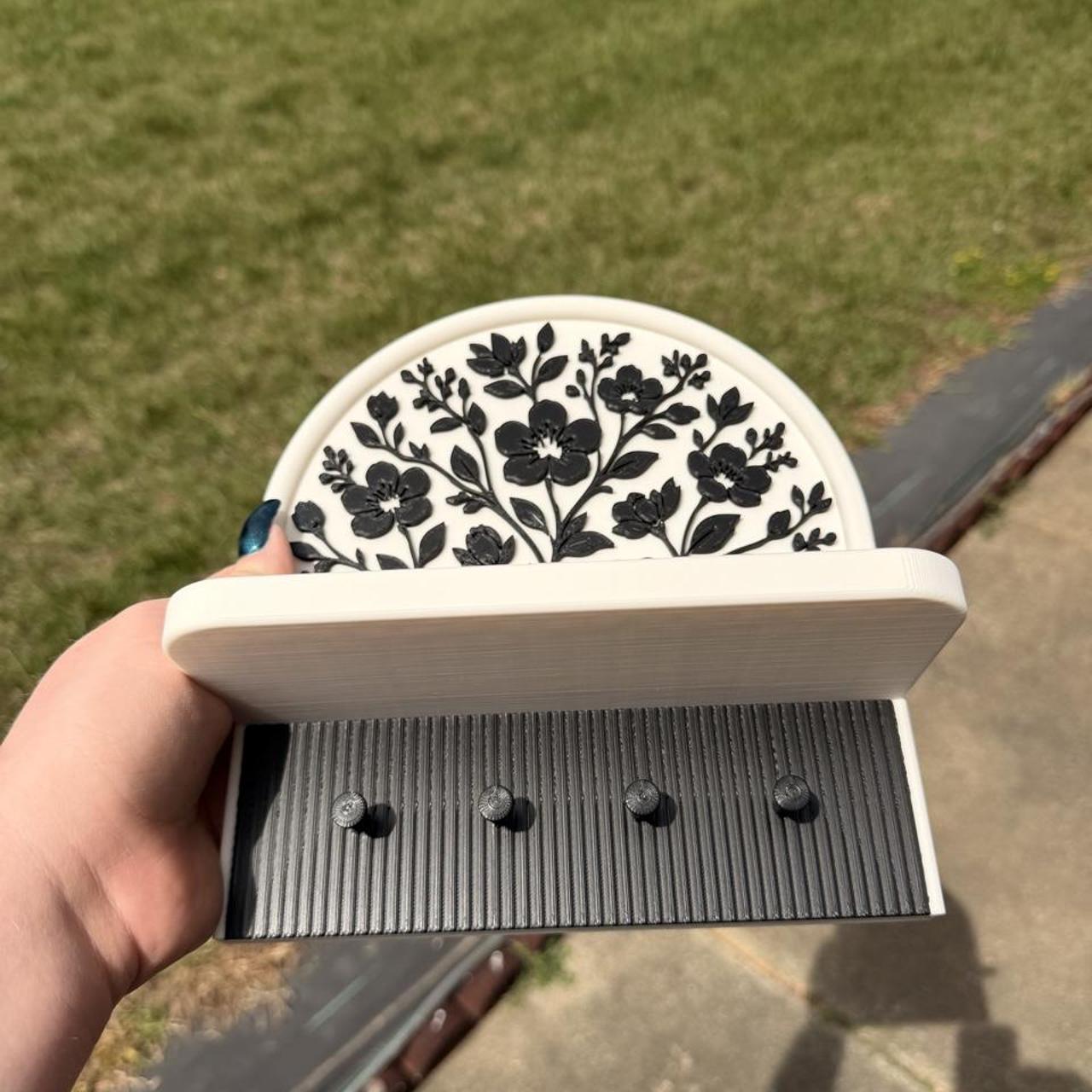 Floral Key Holder Shelf Wall Organizer Entryway Catchall Shelf with Hooks Off White & Black