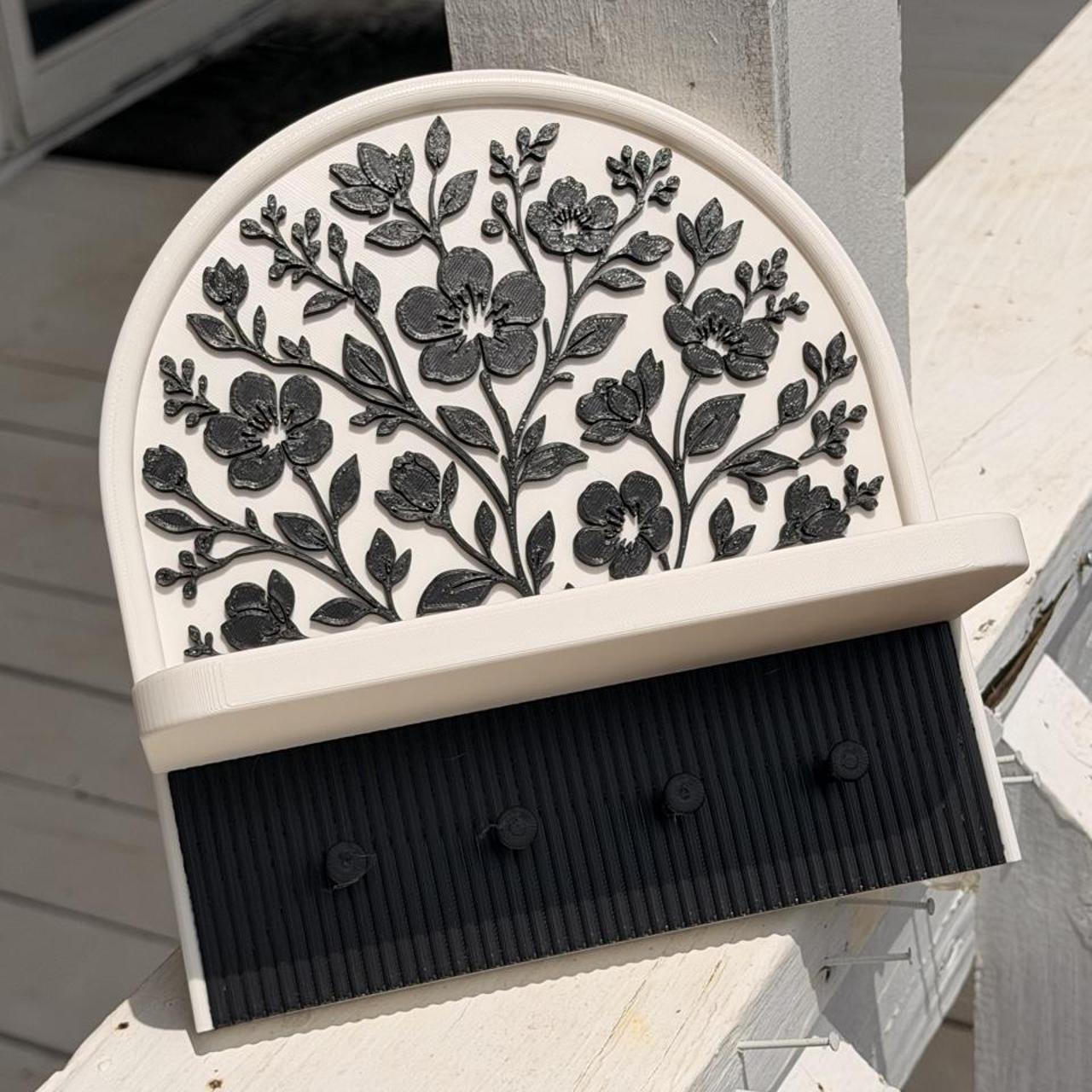 Floral Key Holder Shelf Wall Organizer Entryway Catchall Shelf with Hooks Off White & Black