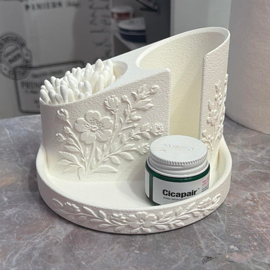 Floral Bathroom Organizer with Tray | Cotton Swab Holder & Toothbrush Storage | Vanity Counter Organizer | 3D Printed Bathroom Decor
