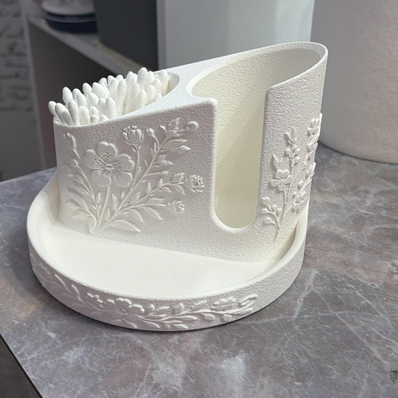 Floral Bathroom Organizer with Tray | Cotton Swab Holder & Toothbrush Storage | Vanity Counter Organizer | 3D Printed Bathroom Decor