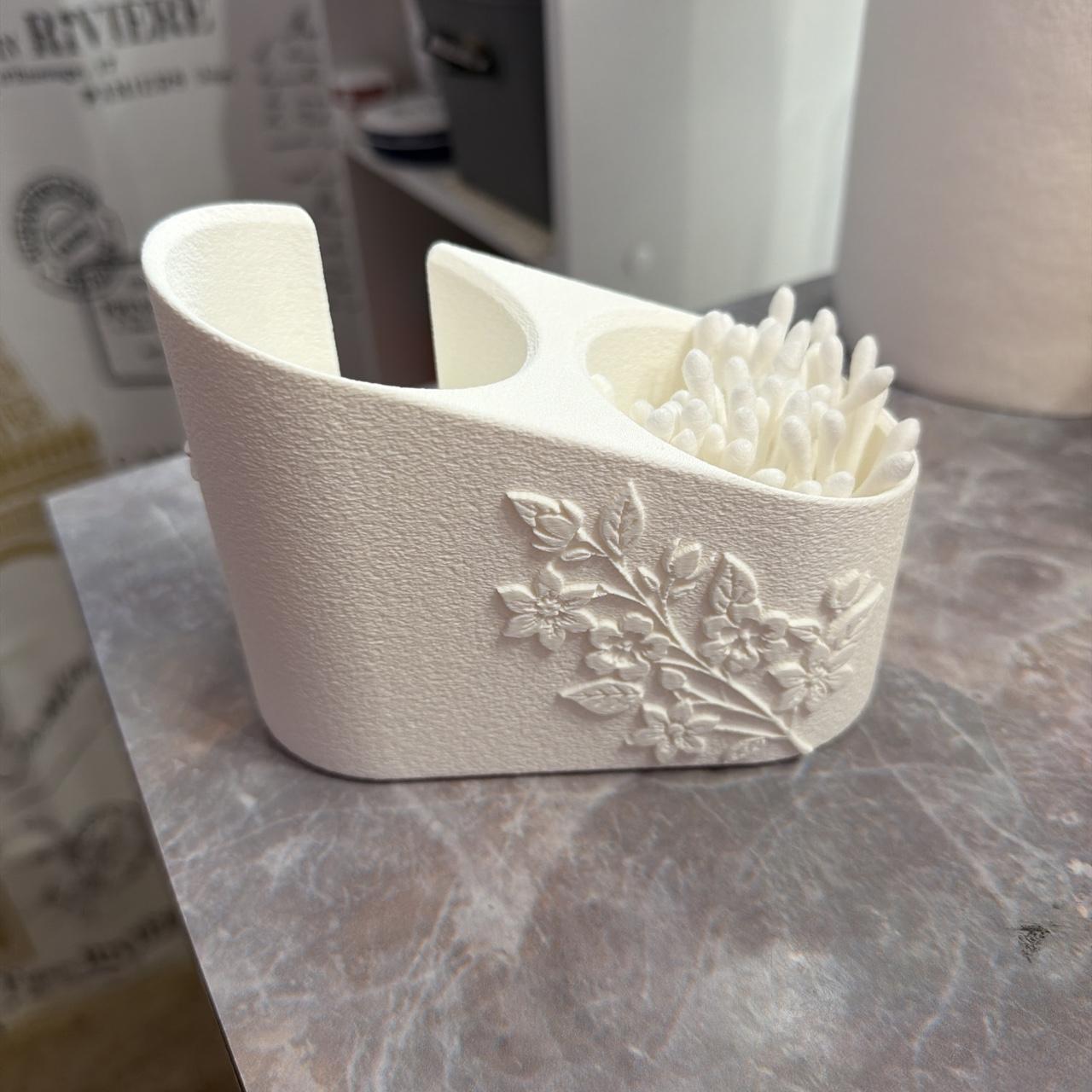 Floral Bathroom Organizer with Tray | Cotton Swab Holder & Toothbrush Storage | Vanity Counter Organizer | 3D Printed Bathroom Decor