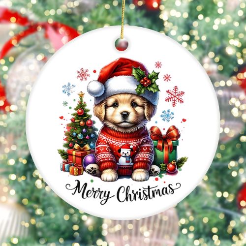 Merry Christmas Puppy White Ceramic Christmas Ornament