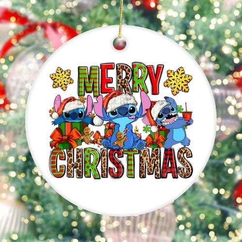 Stitch Merry Christmas White Ceramic Ornament