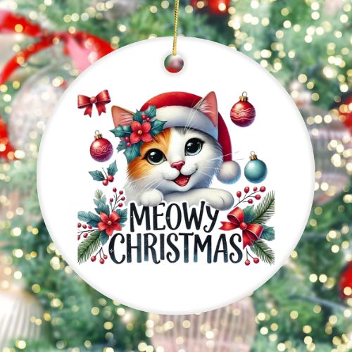 Meowy Christmas White Ceramic Ornament