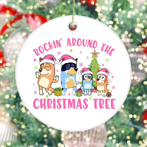 Bluey Rockin’ Around The Christmas Tree White Ceramic Christmas Ornament