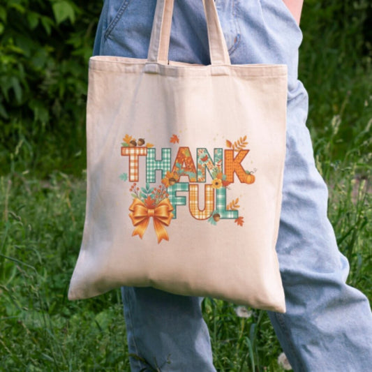 Fall Thanksgiving Tote – “Thankful” Bow & Floral Graphic – Cotton Canvas Bag