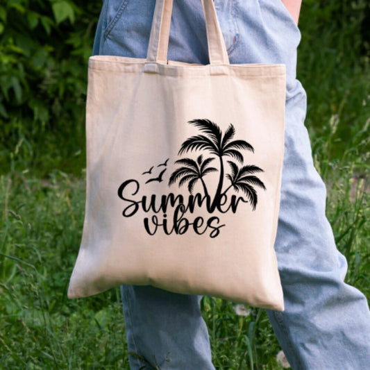 Summer Vibes Tote Bag – Palm Tree Beach Design – 100% Cotton 16x15