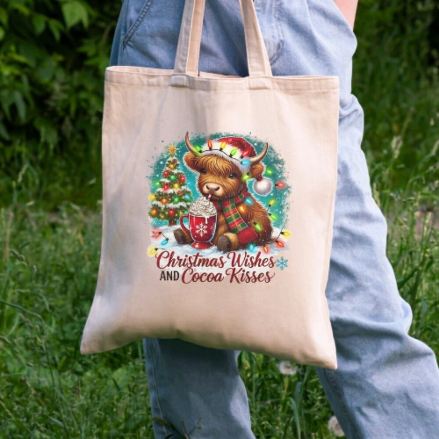 Christmas Highland Cow Tote – “Christmas Wishes & Cocoa Kisses” – 100% Cotton