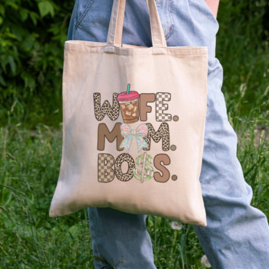 Wife Mom Boss Tote Bag – Cute Coffee & Bow Design – 100% Cotton 16x15