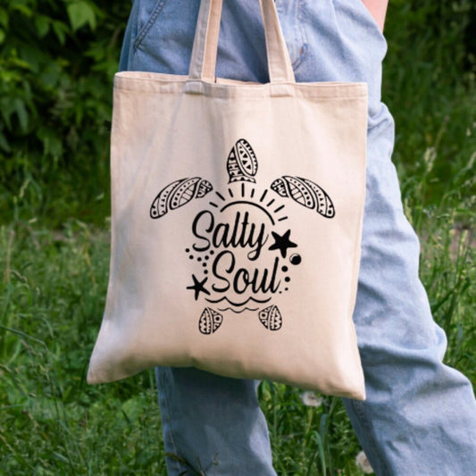 Salty Soul Tote Bag – Sea Turtle Beach Design – 100% Cotton 16x15