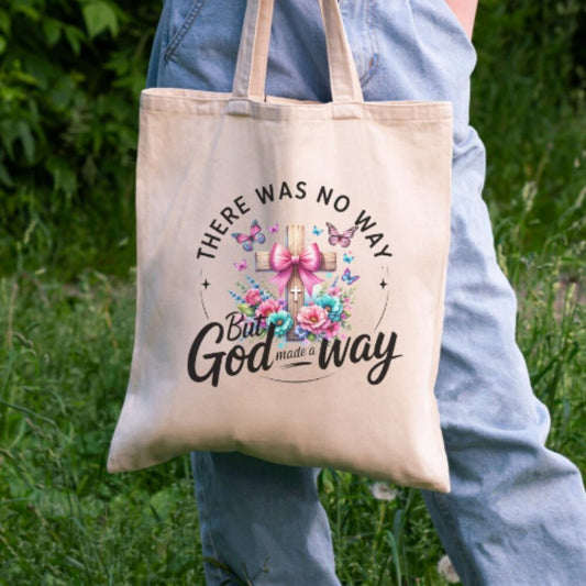 Christian Tote Bag – “But God Made a Way” Scripture Design – 100% Cotton 16x15