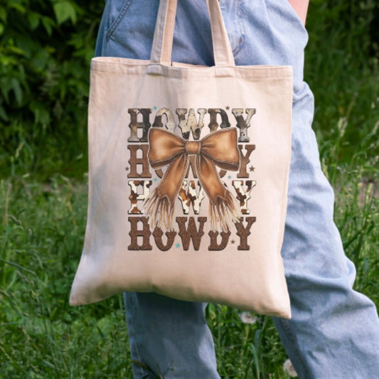 Rustic Cowgirl Tote – Fringe Bow Howdy Graphic – Large Cotton Canvas